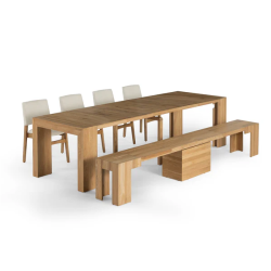 Contemporary wooden dining table with matching chairs and bench, showcasing a minimalist design for dining spaces.